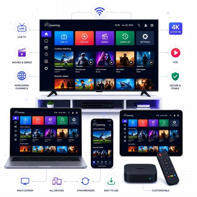 IPTV Smarters Pro interface across multiple devices
